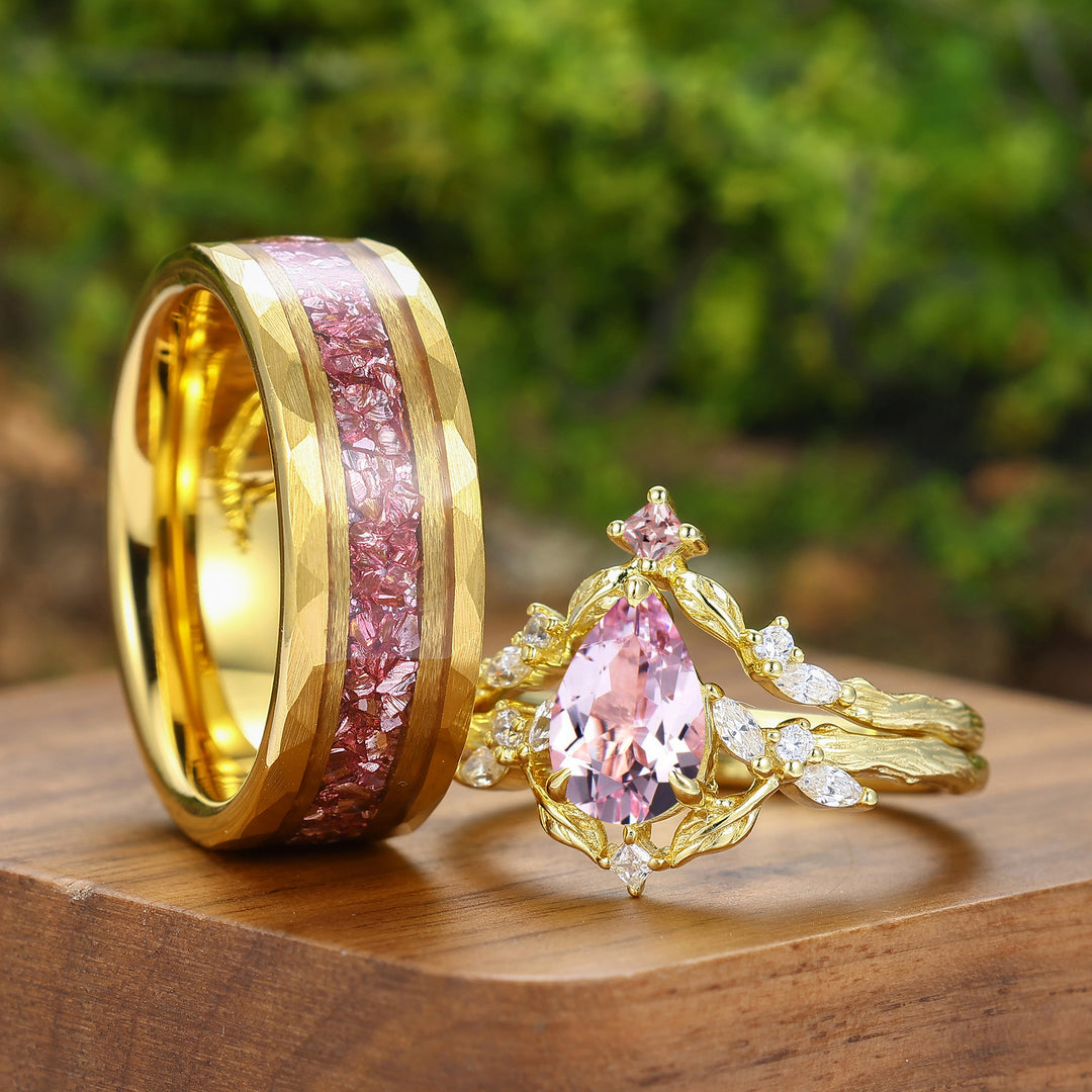 Brilliant Pink Morganite Branch Couple Ring Set Yellow Gold Plated His And Hers Rings