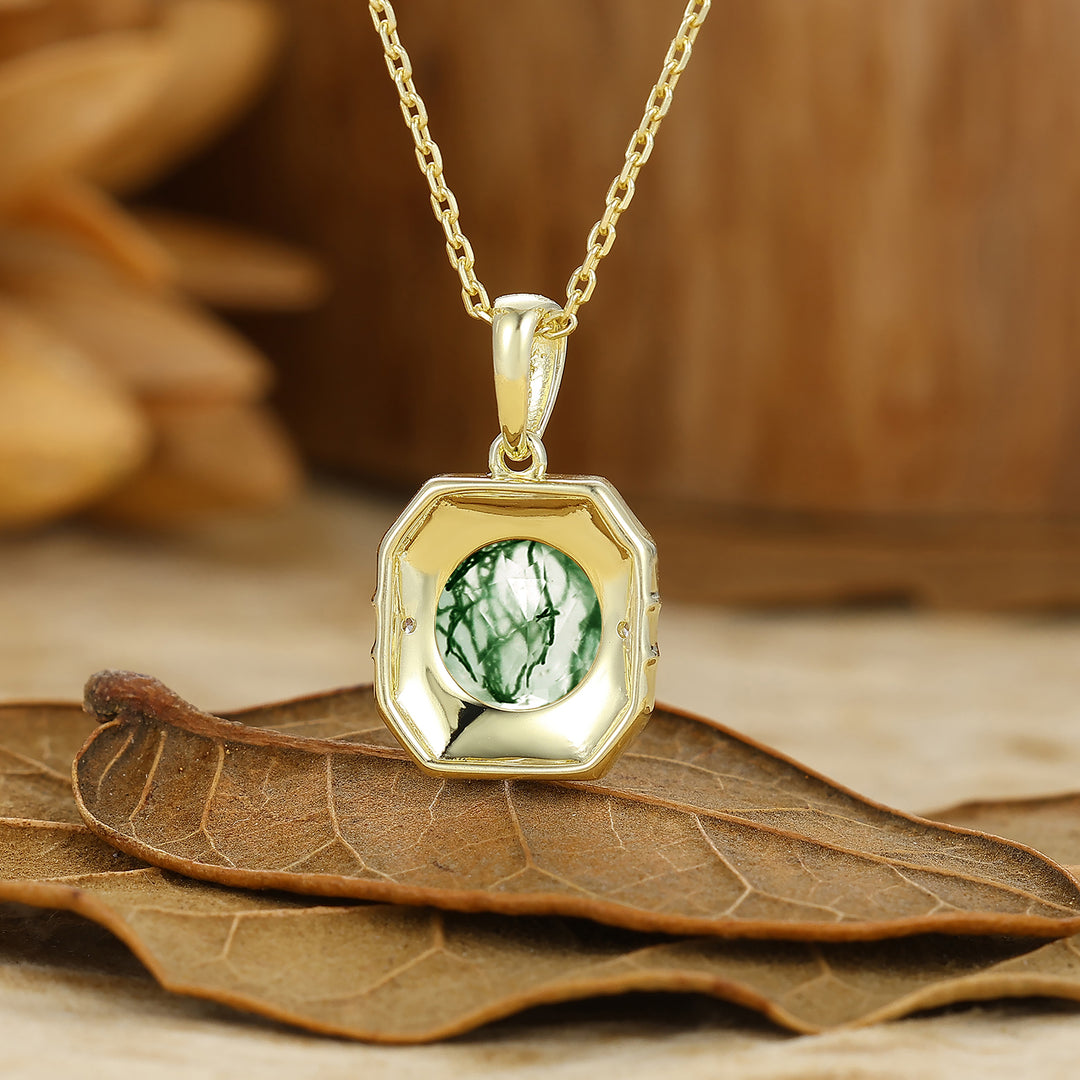 Vintage Style Octagon Filigreed Moss Agate Pendant Solid Rose Gold Women Pendant Necklace