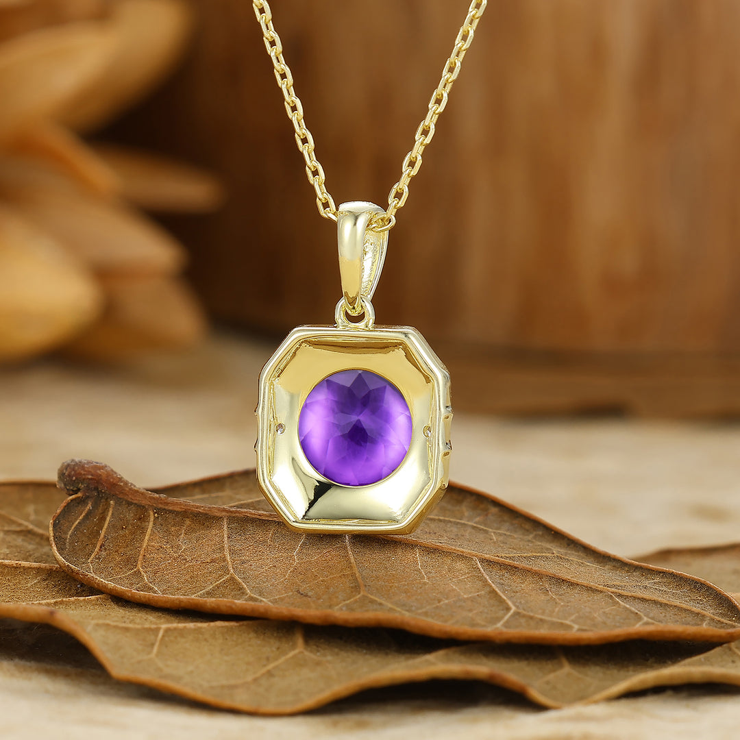Vintage Style Octagon Filigreed Amethyst Pendant Solid Rose Gold Women Pendant Necklace