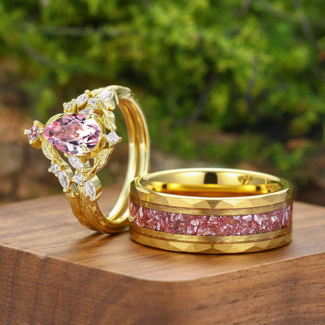Brilliant Pink Morganite Branch Couple Ring Set Yellow Gold Plated His And Hers Rings