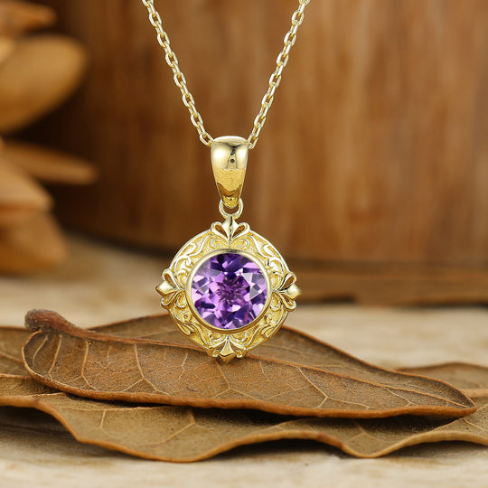 Art Deco Herz Graviertes Weinreben Amethyst Anhänger 14K Gold Damen Halskette