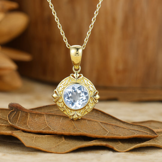 Artsy Vine Heart Engraved Aquamarine Pendant Necklace For Her Anniversary Gift