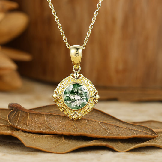 Dainty Heart Gravé Pendentif en Agate Mousse Verte Vigne Collier Anniversaire Femme