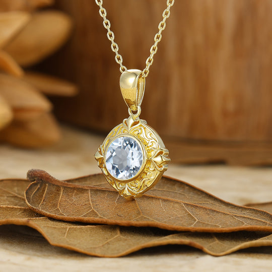 Artsy Vine Heart Engraved Aquamarine Pendant Necklace For Her Anniversary Gift