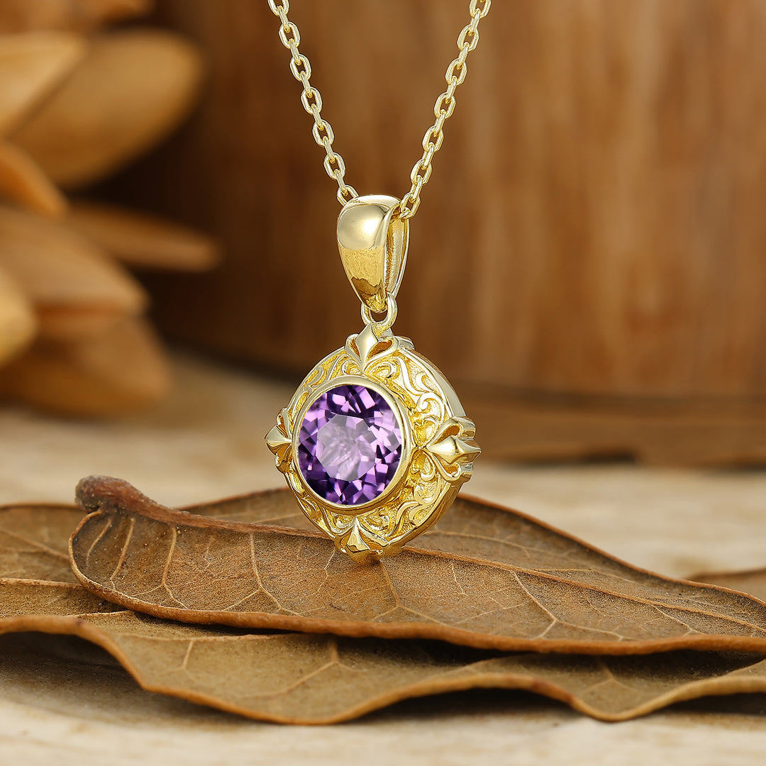 Art Deco Herz Graviertes Weinreben Amethyst Anhänger 14K Gold Damen Halskette