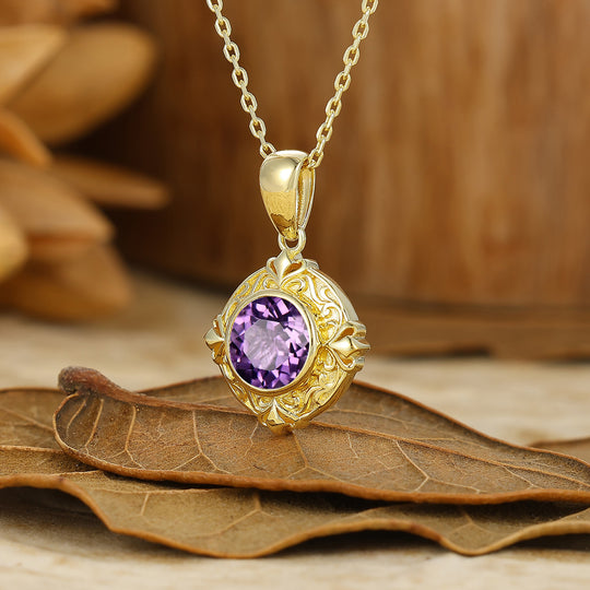 Art Deco Herz Graviertes Weinreben Amethyst Anhänger 14K Gold Damen Halskette