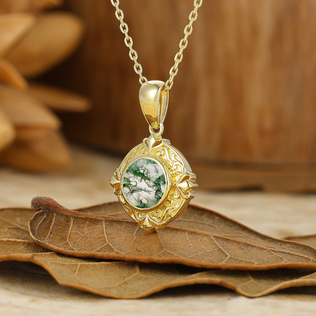 Dainty Heart Gravé Pendentif en Agate Mousse Verte Vigne Collier Anniversaire Femme