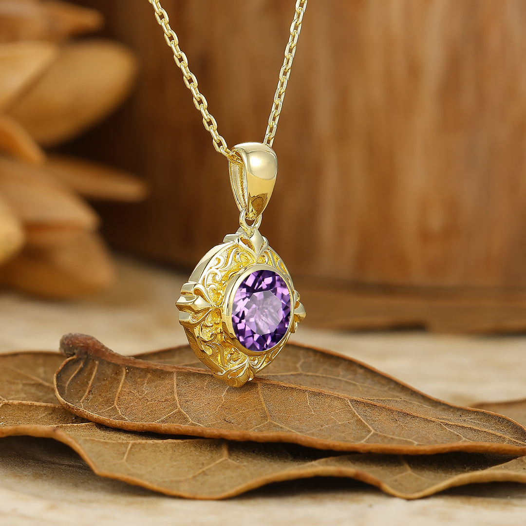 Art Deco Herz Graviertes Weinreben Amethyst Anhänger 14K Gold Damen Halskette