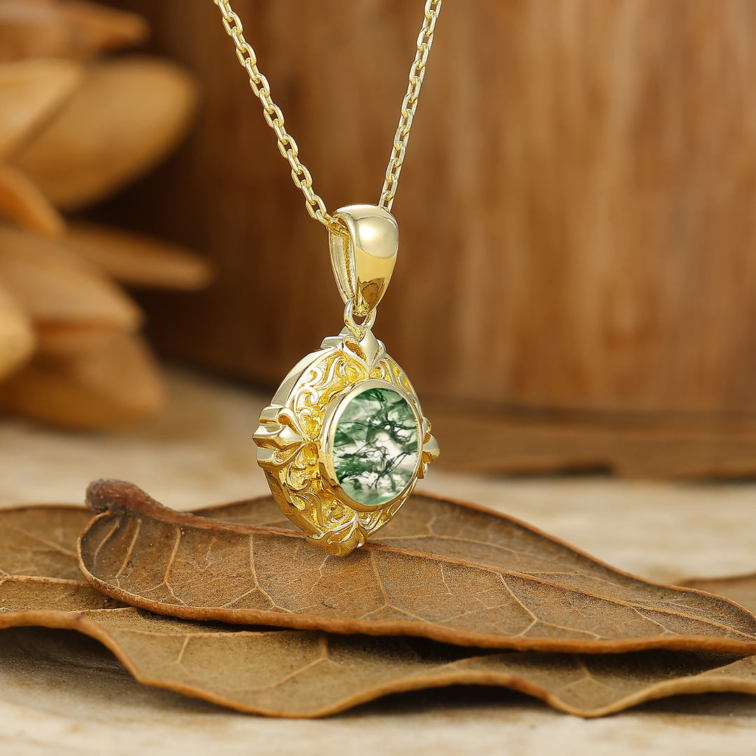 Dainty Heart Gravé Pendentif en Agate Mousse Verte Vigne Collier Anniversaire Femme