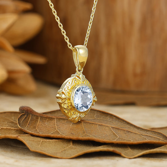 Artsy Vine Heart Engraved Aquamarine Pendant Necklace For Her Anniversary Gift