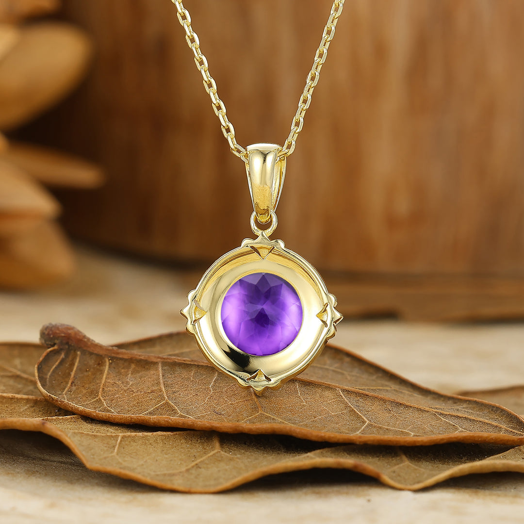 Art Deco Herz Graviertes Weinreben Amethyst Anhänger 14K Gold Damen Halskette