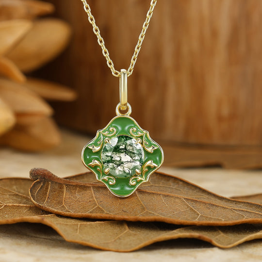 Handmade Moss Agate Green Resin Drip Pendant Necklace 14K Solid Gold Women Necklace