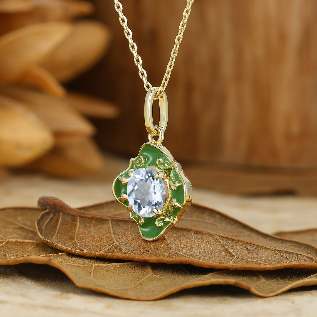 Classic Filigree Round Aquamarine Necklace Green Enamel Pendant For Her Anniversary Gift