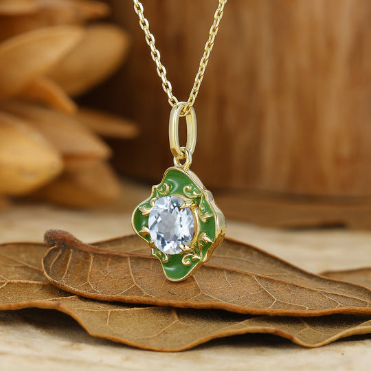 Classic Filigree Round Aquamarine Necklace Green Enamel Pendant For Her Anniversary Gift