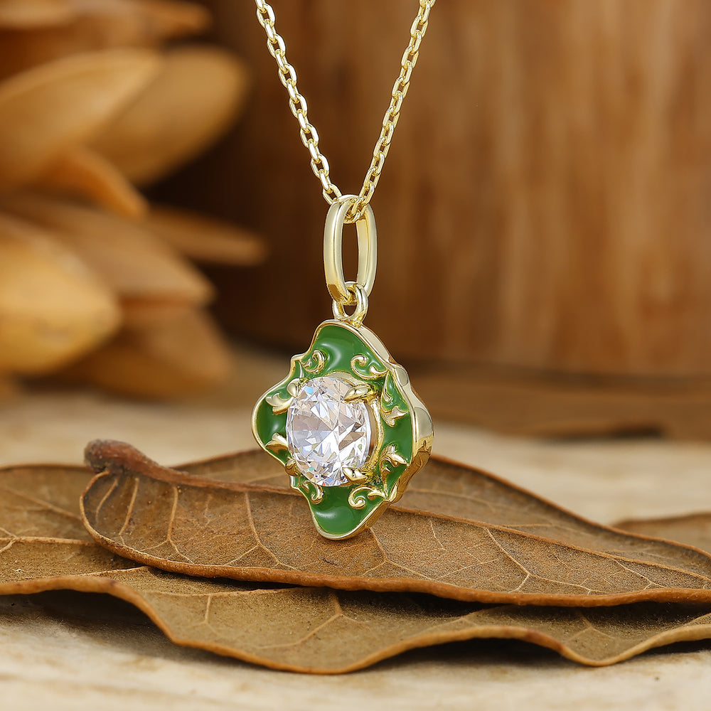 Classic Filigree Round Cut Moissanite Necklace Green Enamel Pendant Anniversary Gift