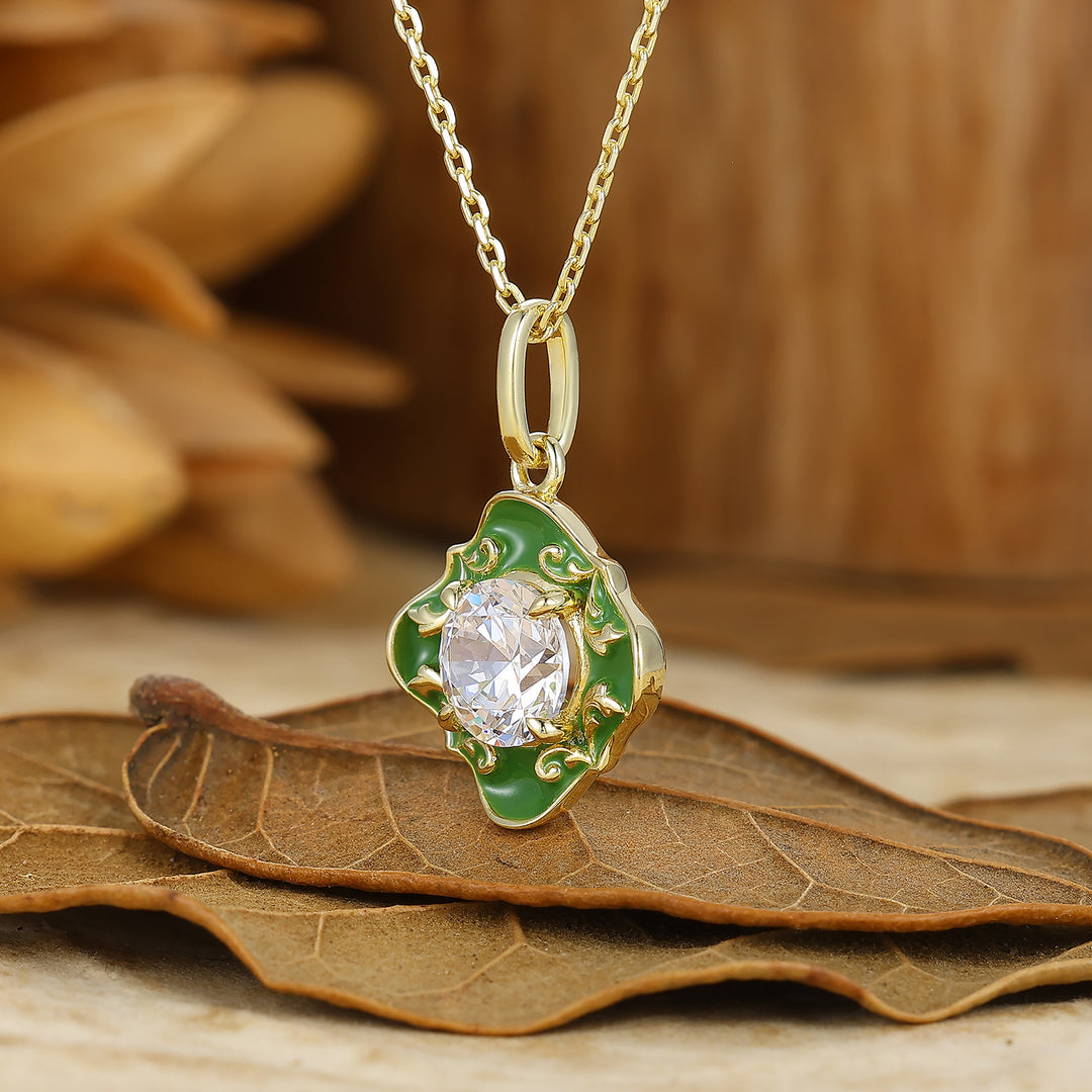 Classic Filigree Round Cut Moissanite Necklace Green Enamel Pendant Anniversary Gift