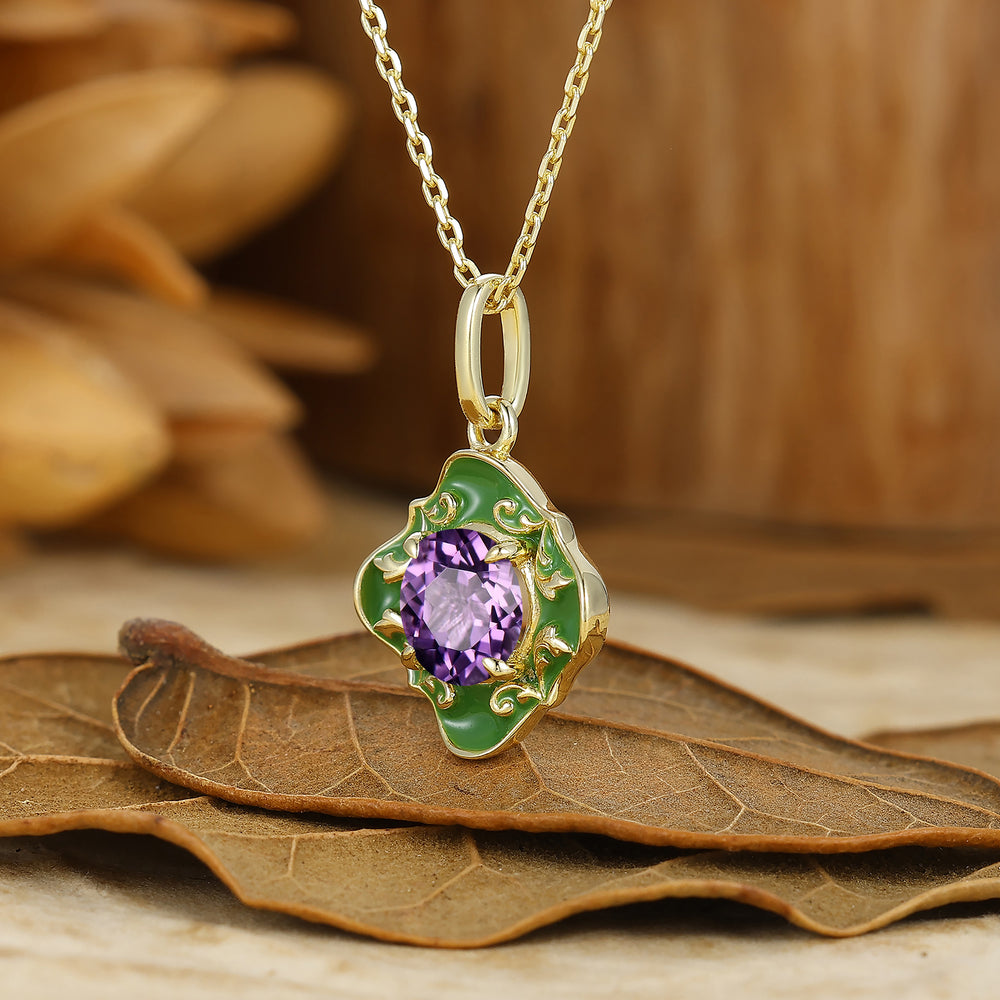 Handcrafted Round Amethyst Epoxy Resin Pendant Solid Gold Filigree Necklace S925 Neckalce