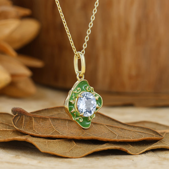 Classic Filigree Round Aquamarine Necklace Green Enamel Pendant For Her Anniversary Gift
