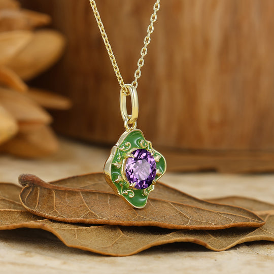 Handcrafted Round Amethyst Epoxy Resin Pendant Solid Gold Filigree Necklace S925 Neckalce