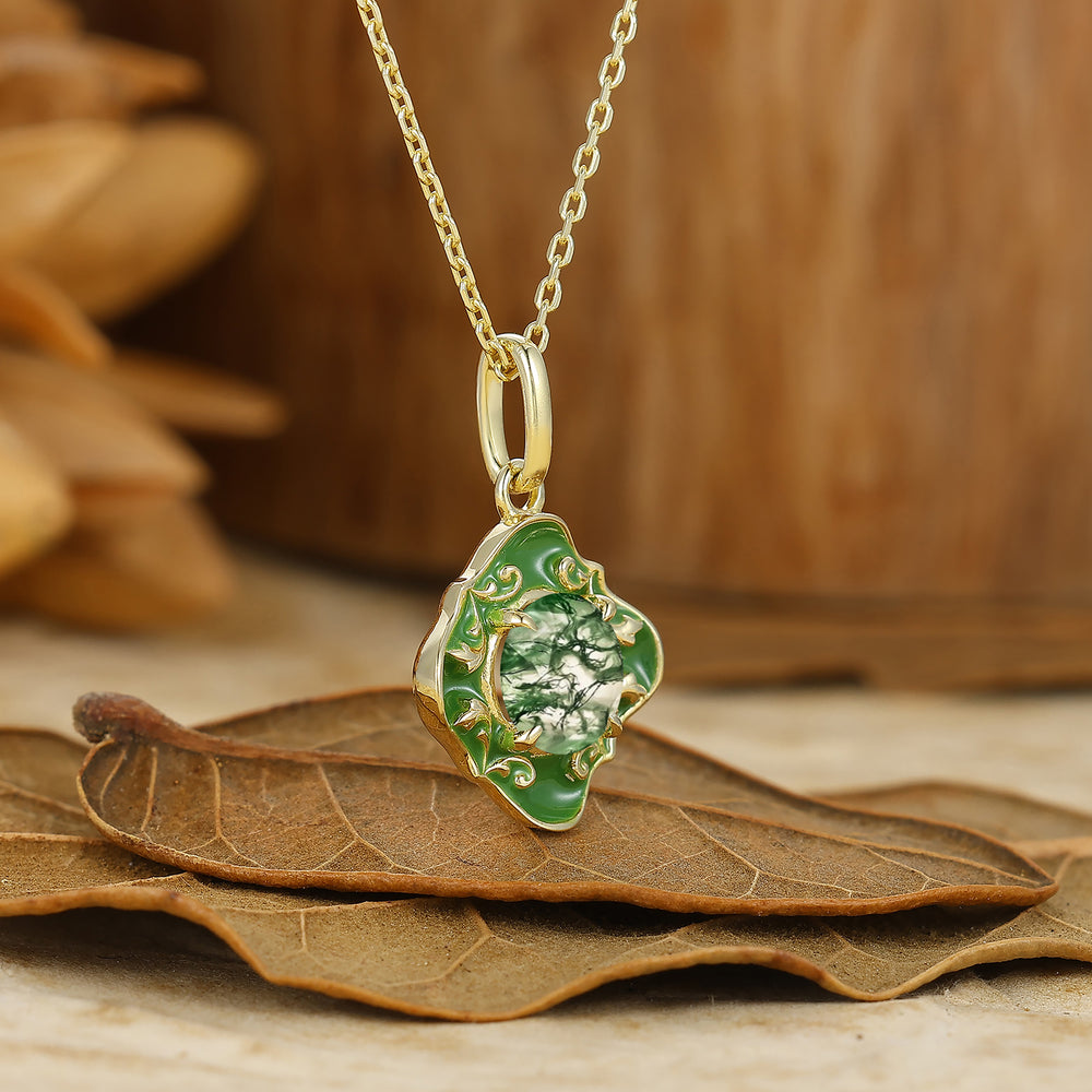 Handmade Moss Agate Green Resin Drip Pendant Necklace 14K Solid Gold Women Necklace