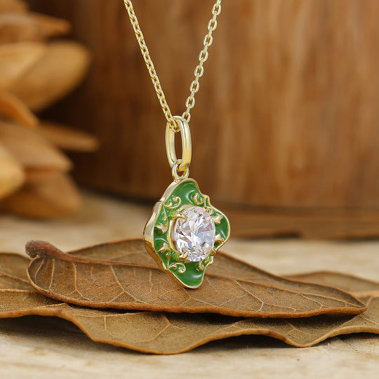 Classic Filigree Round Cut Moissanite Necklace Green Enamel Pendant Anniversary Gift
