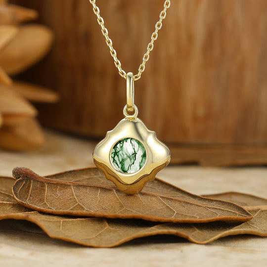 Handmade Moss Agate Green Resin Drip Pendant Necklace 14K Solid Gold Women Necklace