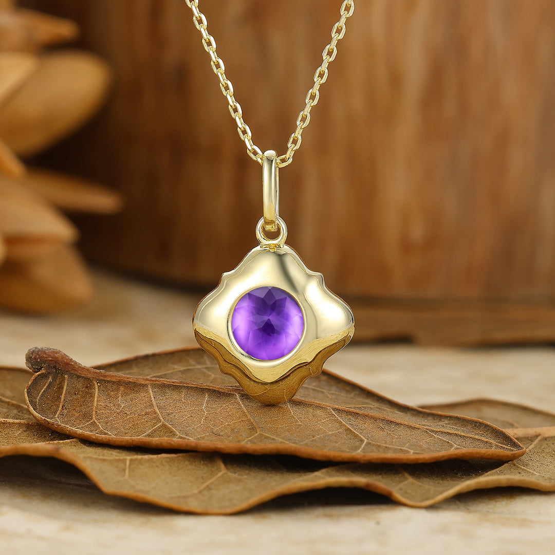 Handcrafted Round Amethyst Epoxy Resin Pendant Solid Gold Filigree Necklace S925 Neckalce