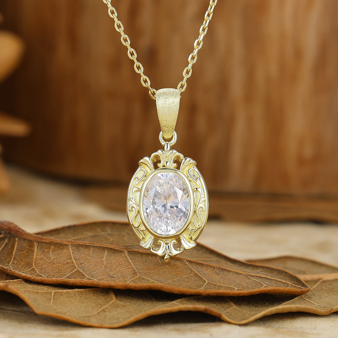 Oval Cut Textured Gold Filigreed Moissanite Pendant Solid Women Pendant Necklace
