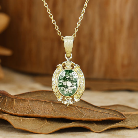 Oval Cut Textured Gold Filigreed Moss Agate Pendant Solid Women Pendant Necklace