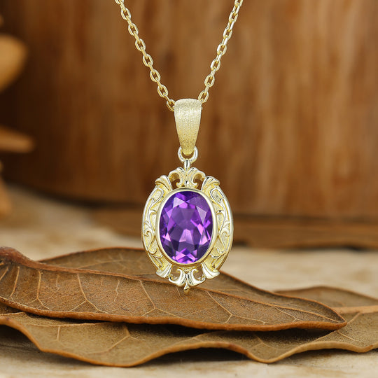 Oval Cut Textured Gold Filigreed Amethyst Pendant Solid Women Pendant Necklace