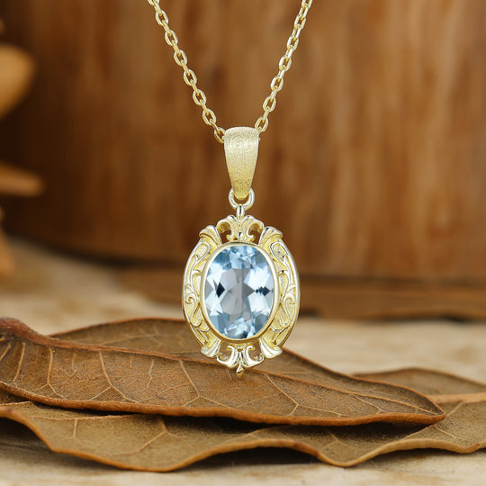 Oval Cut Textured Gold Filigreed Aquamarine Pendant Solid Women Pendant Necklace