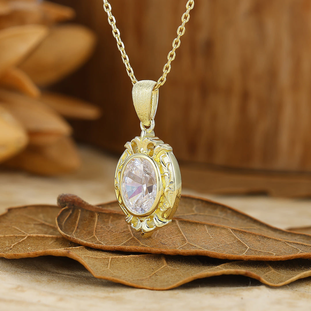 Oval Cut Textured Gold Filigreed Moissanite Pendant Solid Women Pendant Necklace