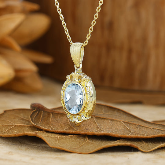 Oval Cut Textured Gold Filigreed Aquamarine Pendant Solid Women Pendant Necklace