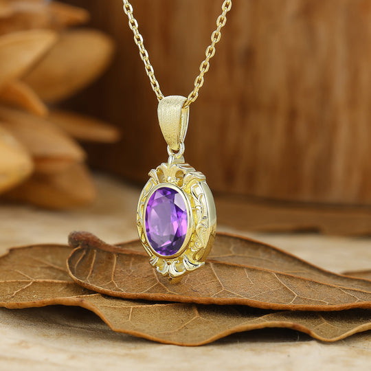 Oval Cut Textured Gold Filigreed Amethyst Pendant Solid Women Pendant Necklace