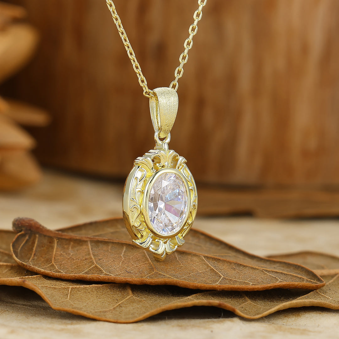 Oval Cut Textured Gold Filigreed Moissanite Pendant Solid Women Pendant Necklace