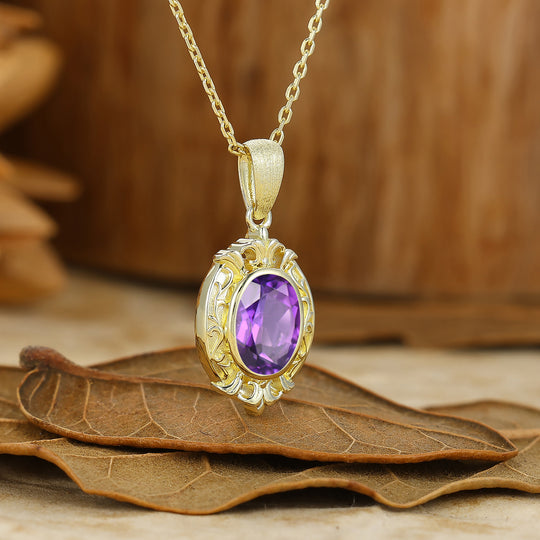 Oval Cut Textured Gold Filigreed Amethyst Pendant Solid Women Pendant Necklace
