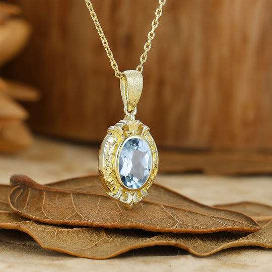 Oval Cut Textured Gold Filigreed Aquamarine Pendant Solid Women Pendant Necklace