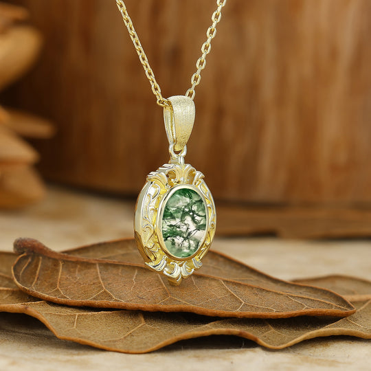 Oval Cut Textured Gold Filigreed Moss Agate Pendant Solid Women Pendant Necklace
