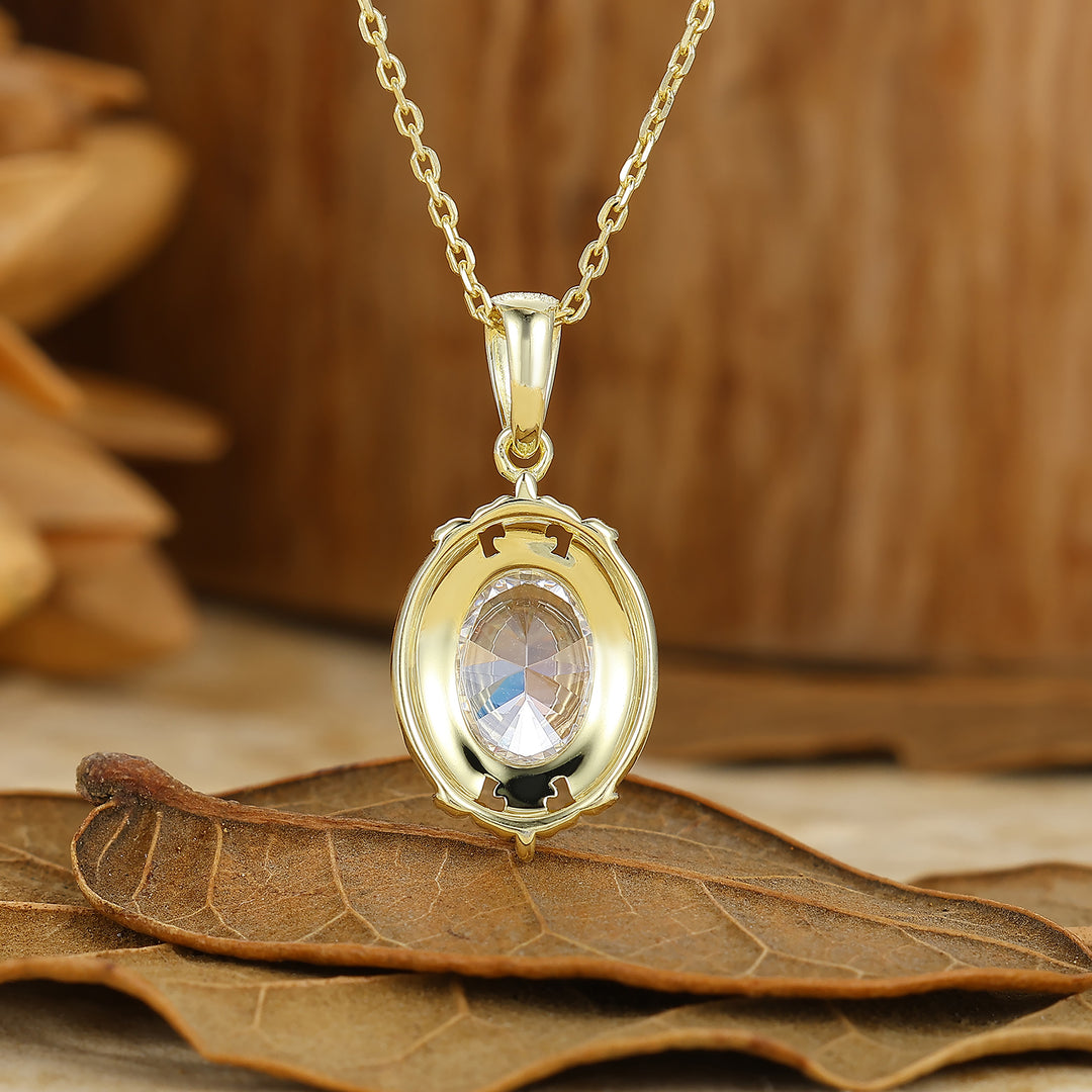 Oval Cut Textured Gold Filigreed Moissanite Pendant Solid Women Pendant Necklace