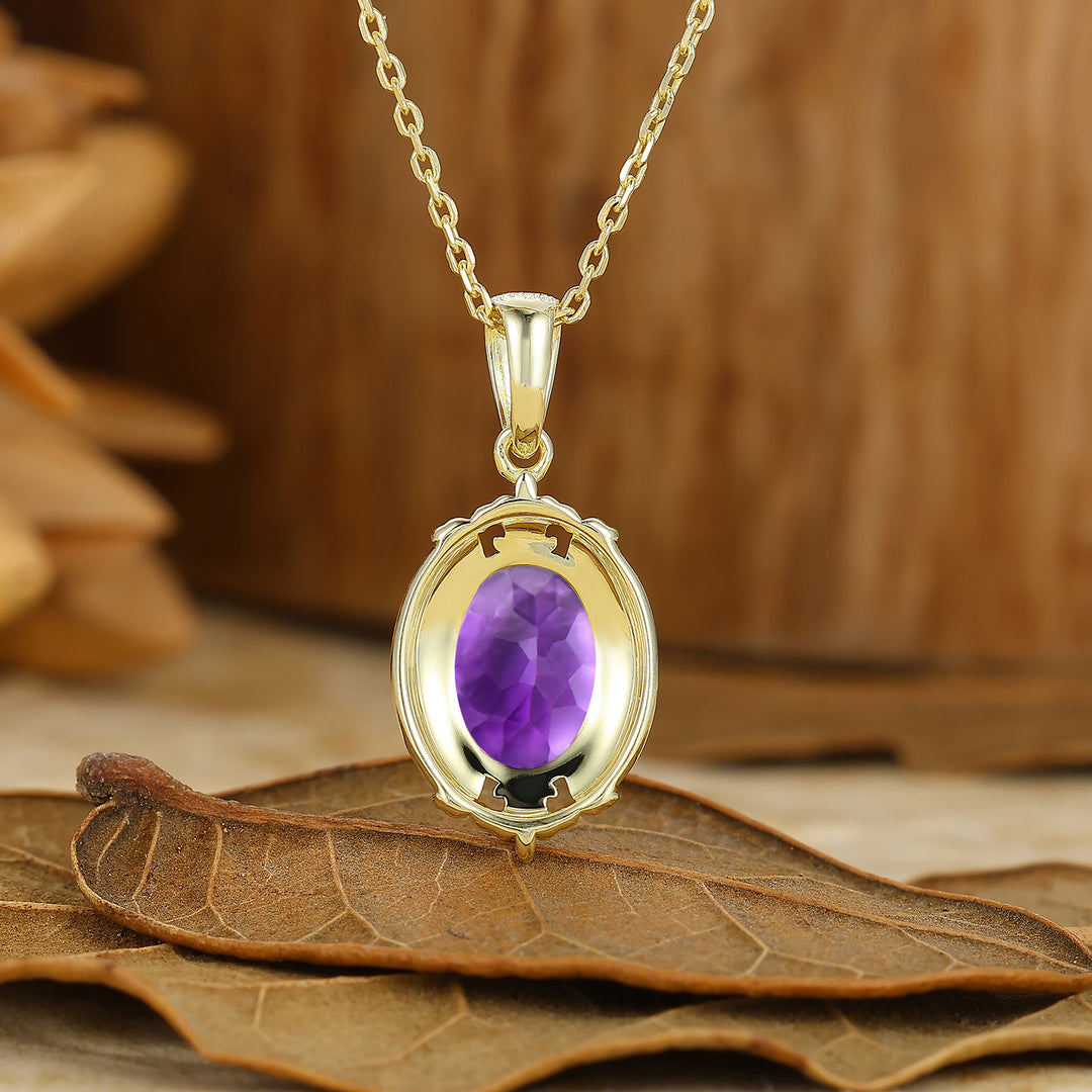 Oval Cut Textured Gold Filigreed Amethyst Pendant Solid Women Pendant Necklace