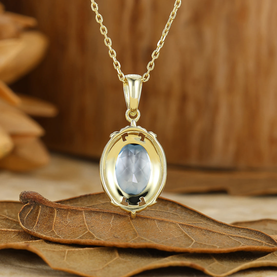 Oval Cut Textured Gold Filigreed Aquamarine Pendant Solid Women Pendant Necklace