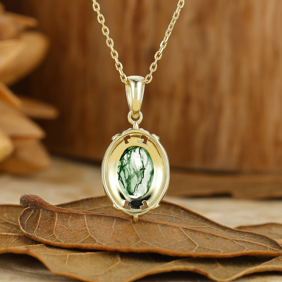Oval Cut Textured Gold Filigreed Moss Agate Pendant Solid Women Pendant Necklace