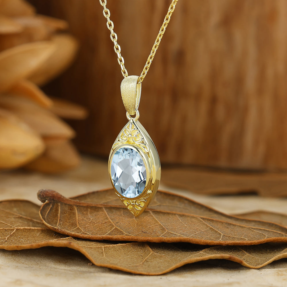 Vintage-Style Oval Cut  Aquamarine Pendant C-Shaped Pendant Necklace For Her