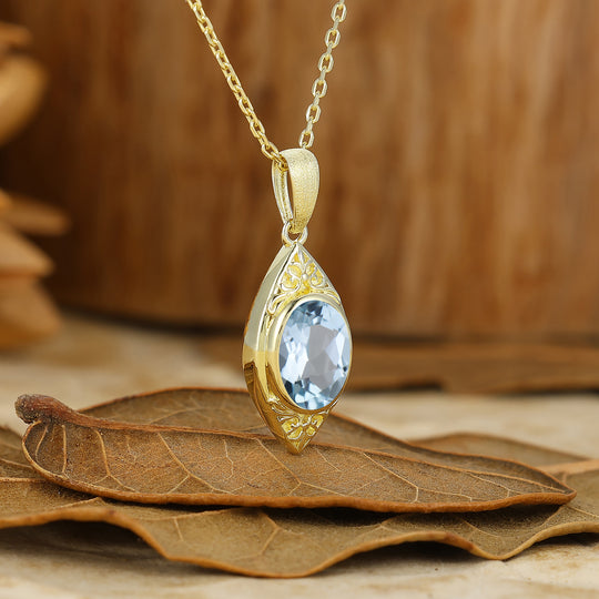 Collana con pendente ovale in acquamarina stile vintage a forma di C per lei