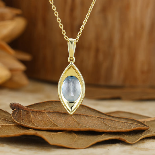 Collana con pendente ovale in acquamarina stile vintage a forma di C per lei