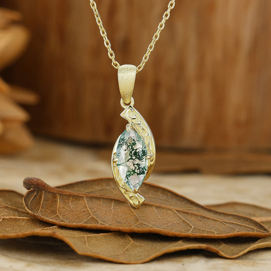 Vintage-Style Marquise Cut Moss Agate Pendant C-Shaped Pendant Necklace For Her