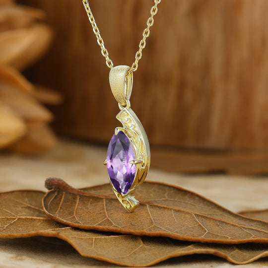 Vintage-Style Marquise Cut Amethyst Pendant C-Shaped Pendant Necklace For Her