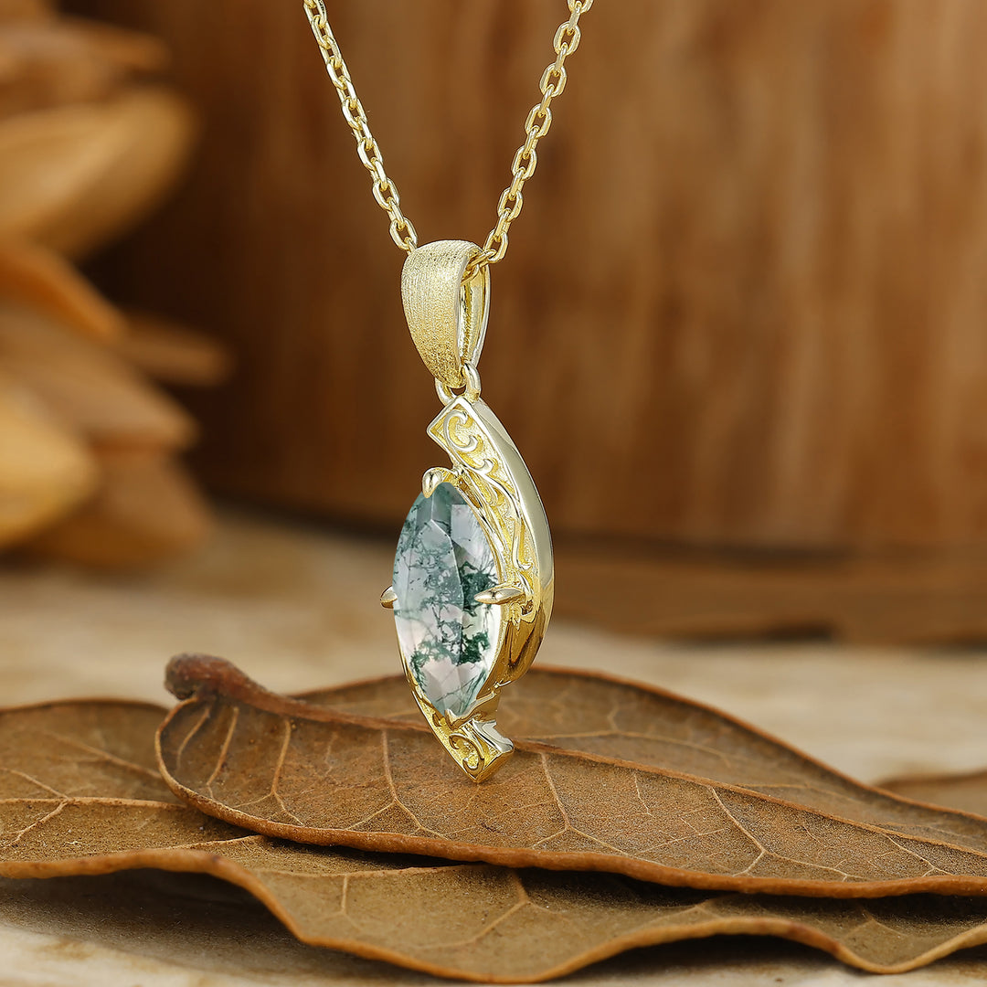 Vintage-Style Marquise Cut Moss Agate Pendant C-Shaped Pendant Necklace For Her