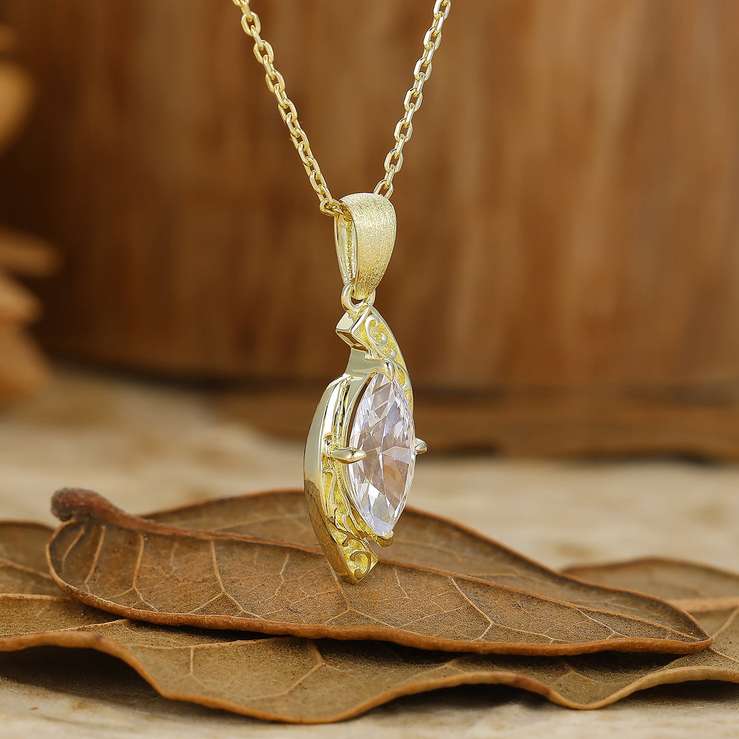 Vintage-Style Marquise Cut Moissanite Pendant C-Shaped Pendant Necklace For Her