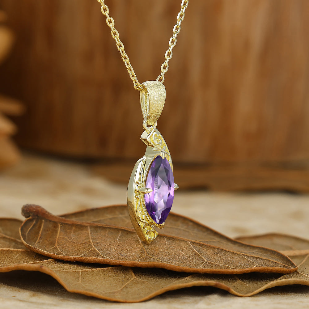 Vintage-Style Marquise Cut Amethyst Pendant C-Shaped Pendant Necklace For Her